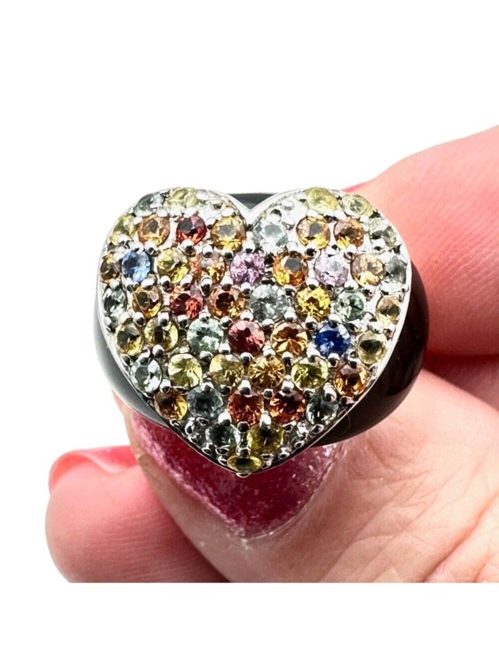 Sterling Silver Womens Ring Multicolor Tourmaline Heart Black Enamel Size 6